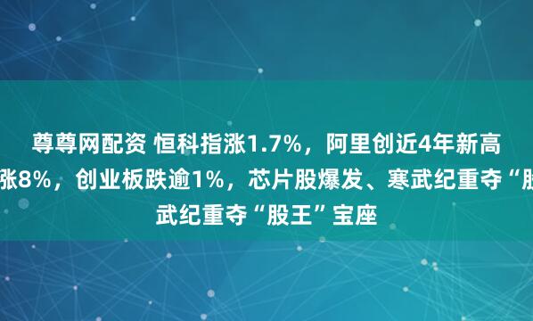 尊尊网配资 恒科指涨1.7%，阿里创近4年新高、百度大涨8%，创业板跌逾1%，芯片股爆发、寒武纪重夺“股王”宝座